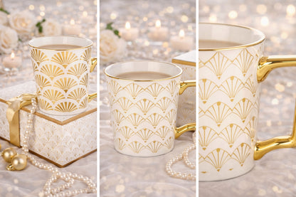 Porcelanowy Kubek elegancki złote ucho 310ml na prezent kawa herbata