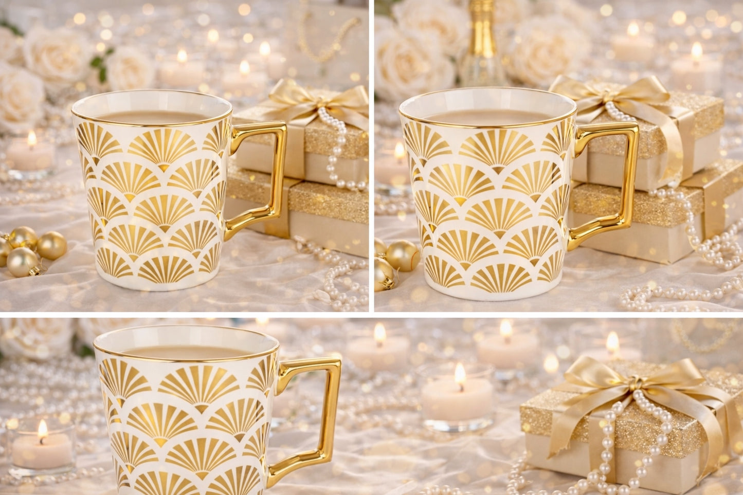 Porcelanowy Kubek elegancki złote ucho 310ml gustowny na prezent