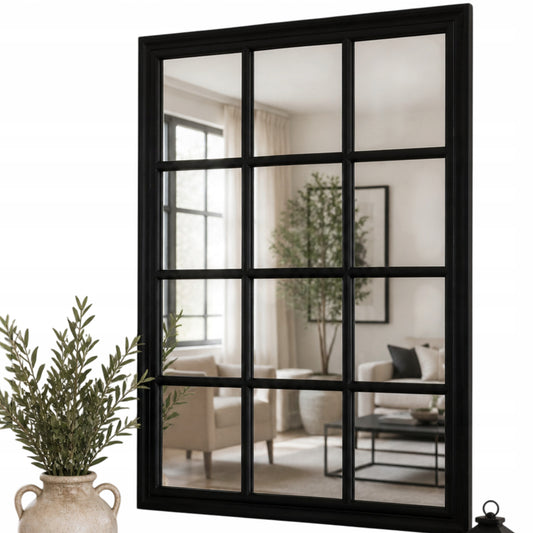 Lustro ścienne prostokątne ze szprosami 100 x 70 cm czarne w stylu okna
