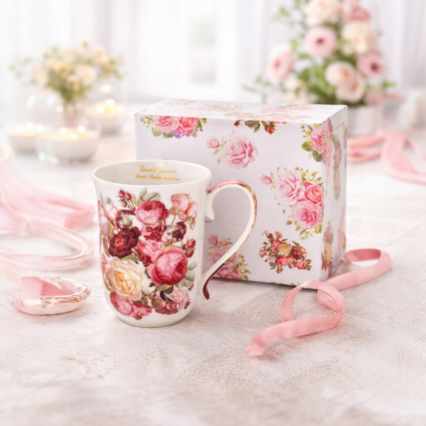 Kubek Porcelanowy w Róże 400 ml Kwiaty Romantyczny Prezent Dzien kobiet