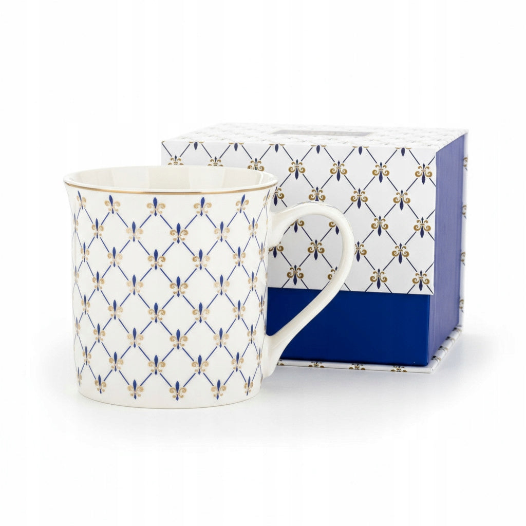 Kubek Porcelanowy w Ozdobnym Pudełku niebieski biały na prezent 380 ml