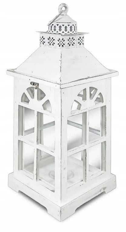 Lampion biały drewno, metal, szkło 54 cm Świecznik Latarnia