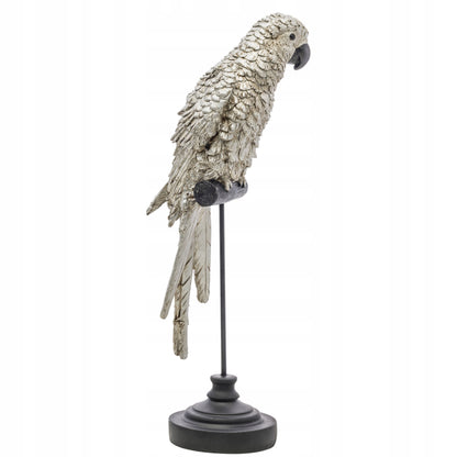 Figurka papuga na stojaku srebrny ptak wyjątkowa dekoracja 36cm