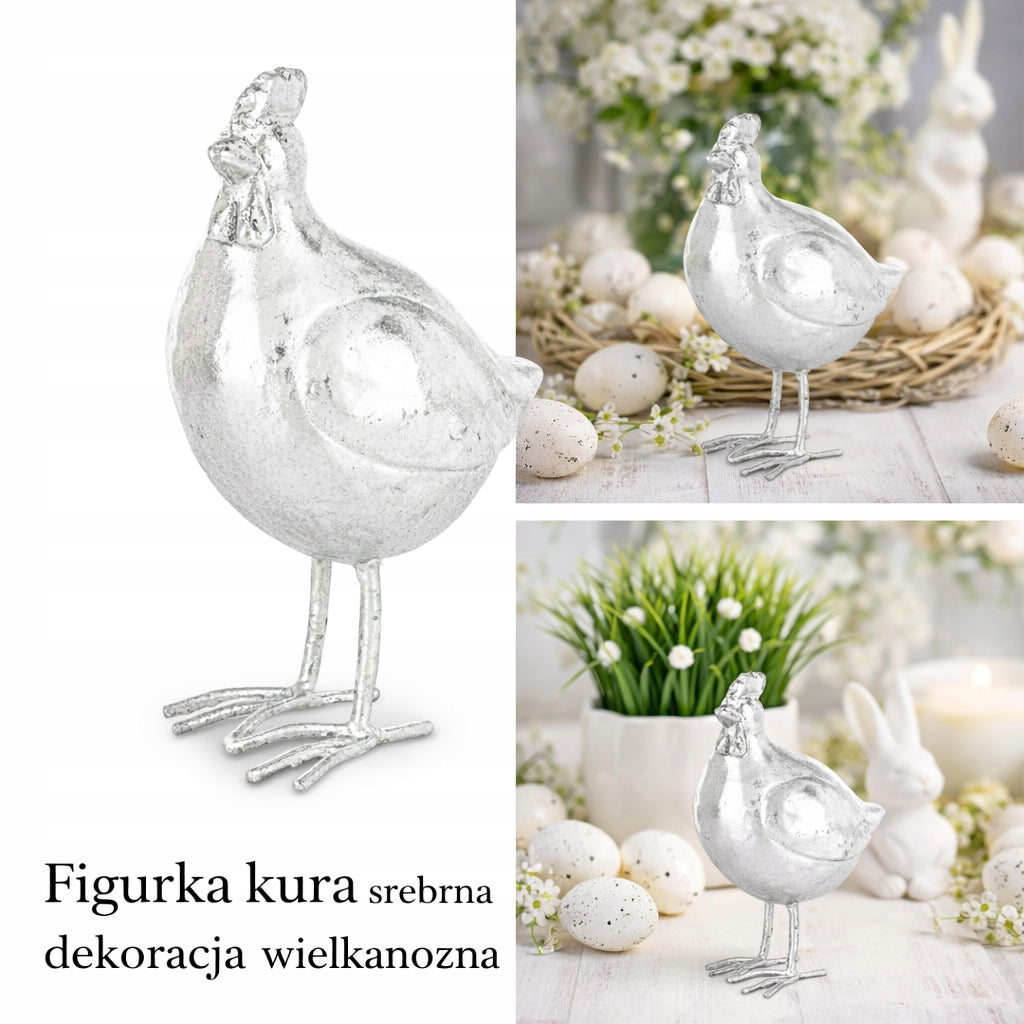Figurka kura srebrna dekoracja wielkanocna ozdoba domu na komode stół
