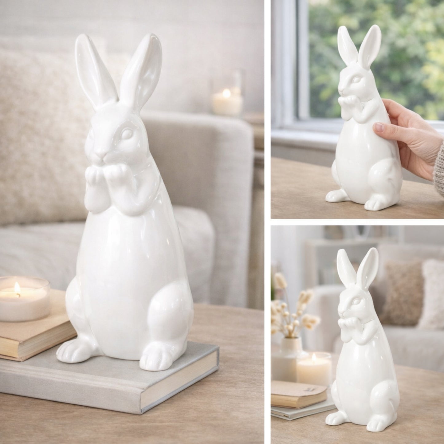Figurka zajac ceramiczny bialy dekoracja wielkanocna ozdoba dom 39cm królik