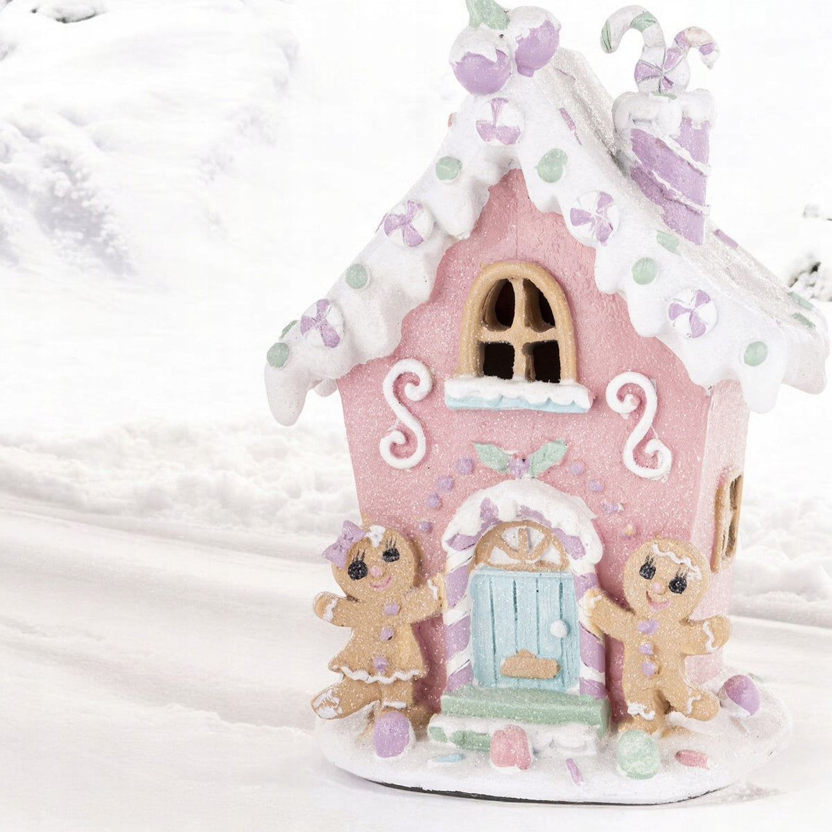 Figurka świąteczna Pastelowy domek LED różowy latarenka 19 cm