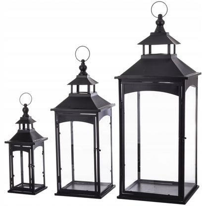 Latarnia komplet 3 lampionów szkło metal czarny wysoki 86, 67, 45 cm