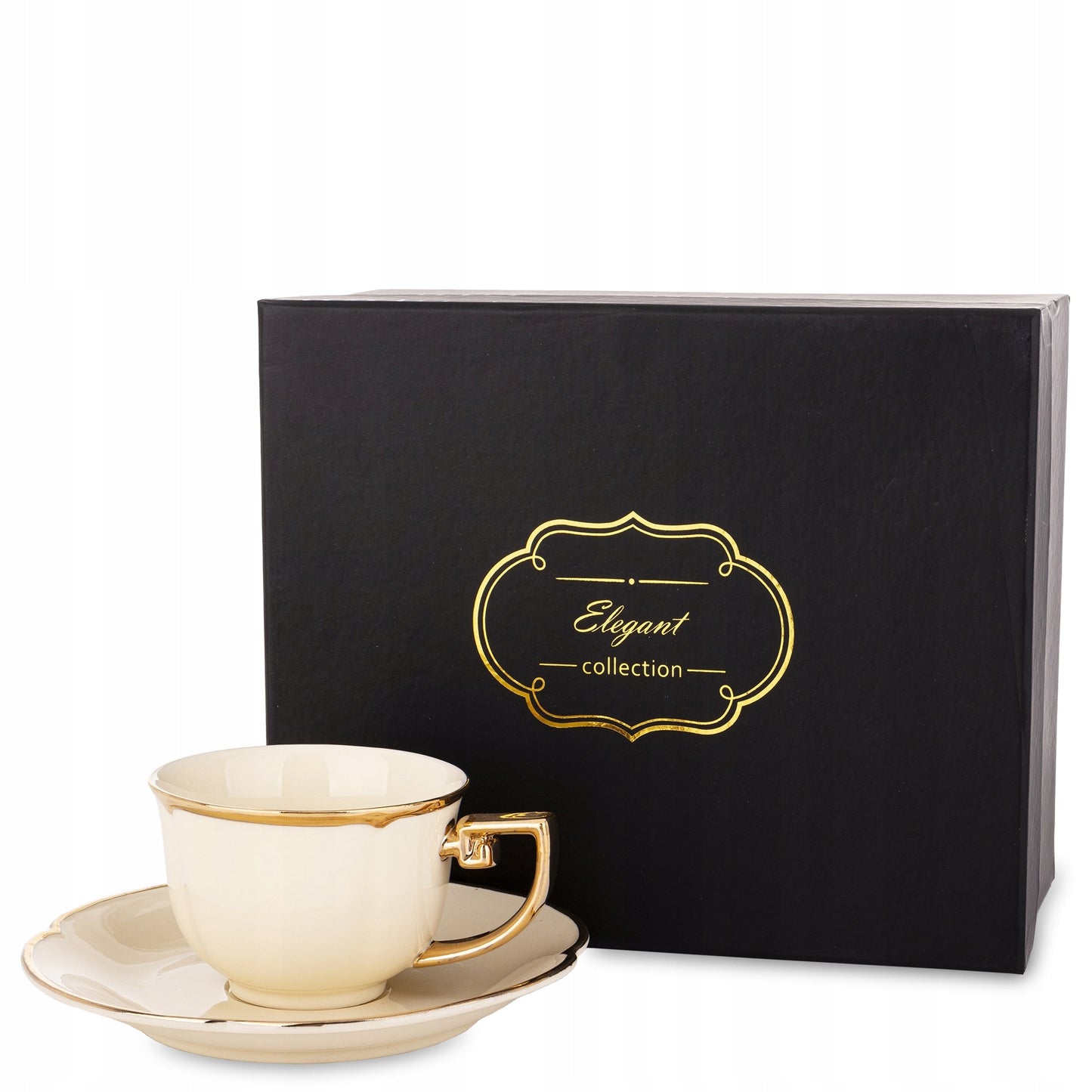 Filiżanka porcelanowa kubek ze spodkiem zlota elegancka na prezent 220ml