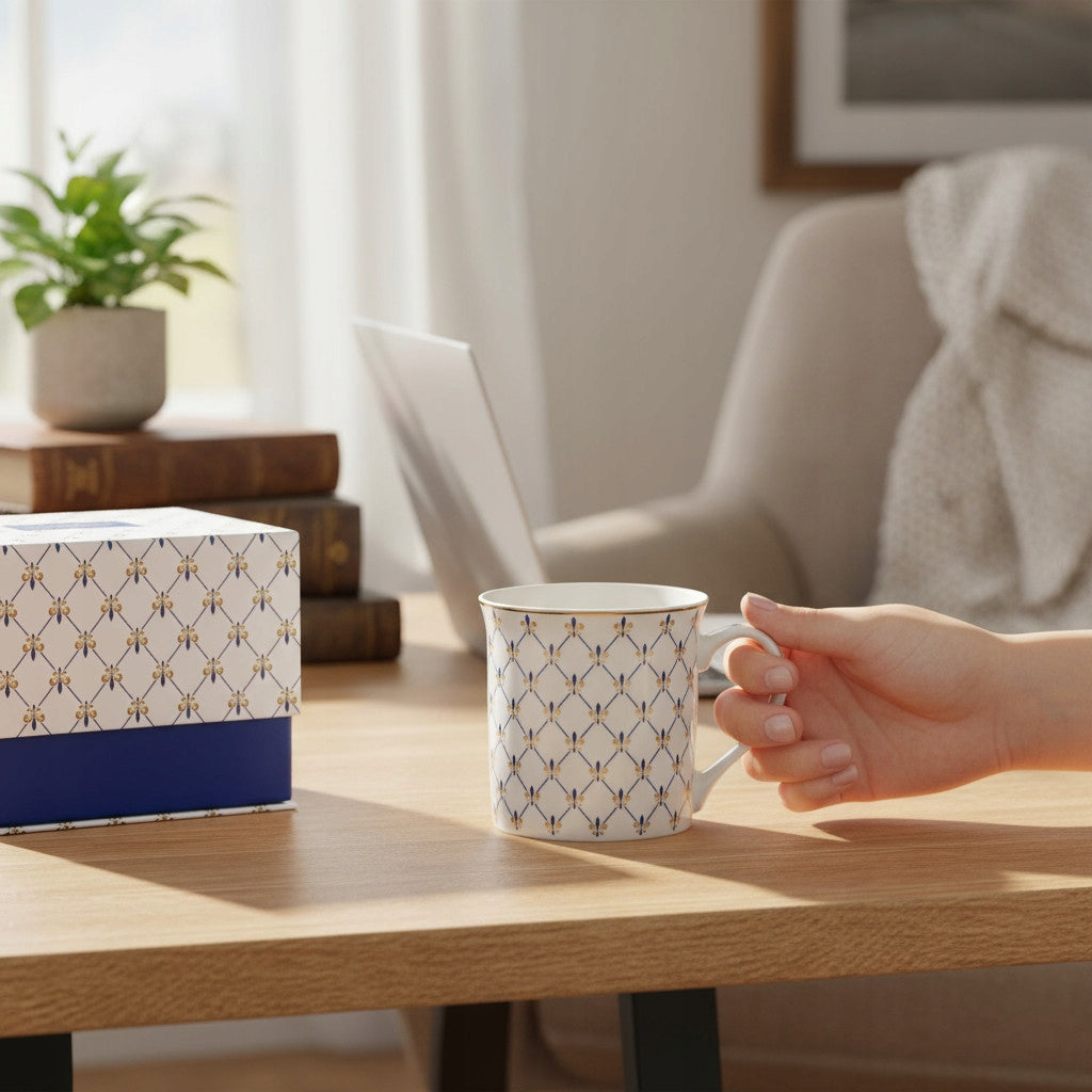 Kubek Porcelanowy w Ozdobnym Pudełku niebieski biały na prezent 380 ml
