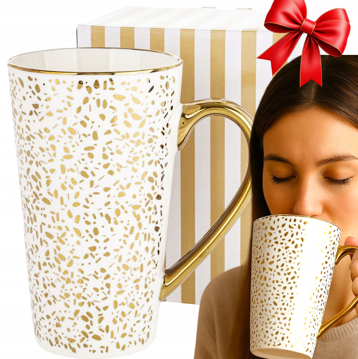 Duży ozdobny Kubek w pudełku na prezent biało złoty porcelanowy 450 ml XXL