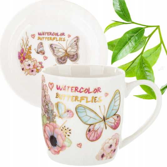 Kpl. kubków motyl łyżeczka podstawka 2+2+2 kubek ceramiczny 330ml prezent
