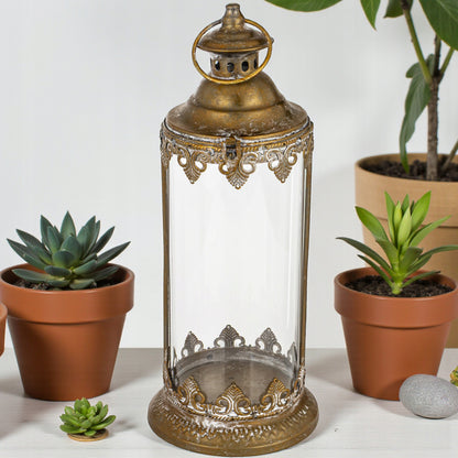 Lampion 45 cm metalowy India House Złoty Metal i Szkło Styl Orientalny