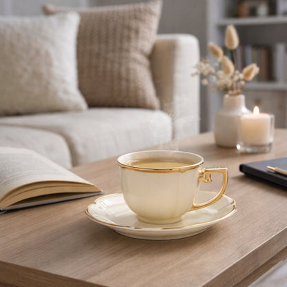 Filiżanka porcelanowa kubek ze spodkiem zlota elegancka na prezent 220ml