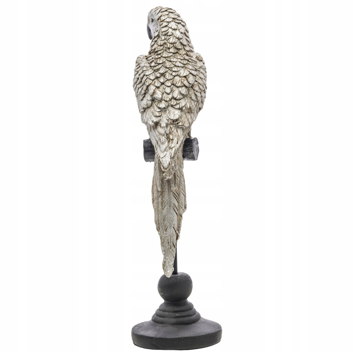 Figurka srebrna papuga papużka na stojaku 27cm ptak dekoracja