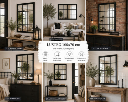 Lustro ścienne prostokątne ze szprosami 100 x 70 cm czarne w stylu okna