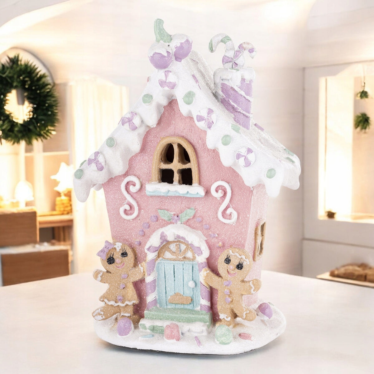 Figurka świąteczna Pastelowy domek LED różowy latarenka 19 cm