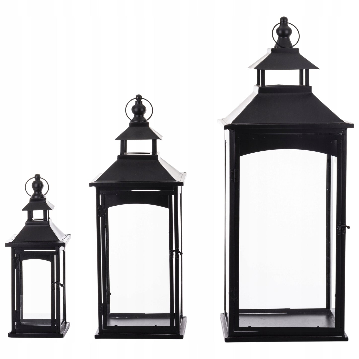 Latarnia komplet 3 lampionów szkło metal czarny wysoki 86, 67, 45 cm
