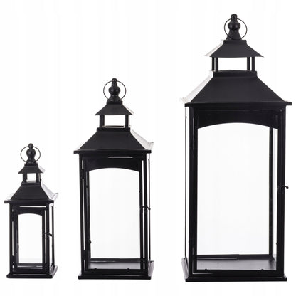 Latarnia komplet 3 lampionów szkło metal czarny wysoki 86, 67, 45 cm