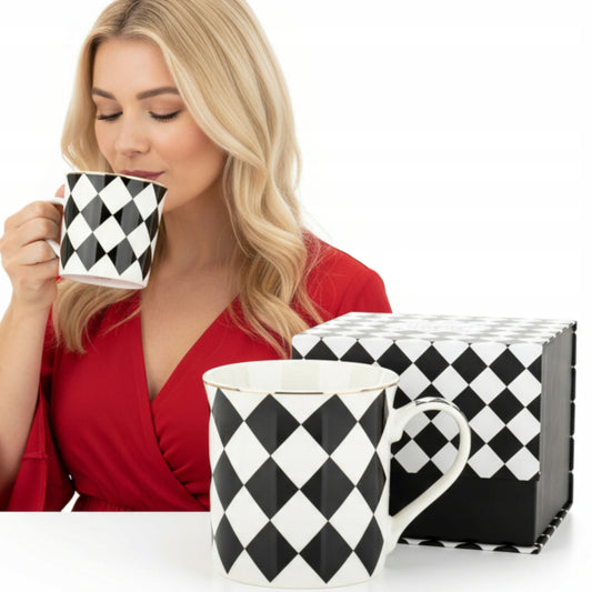 Kubek porcelanowy w pudełku na prezent czarno biały porcelana 380 ml