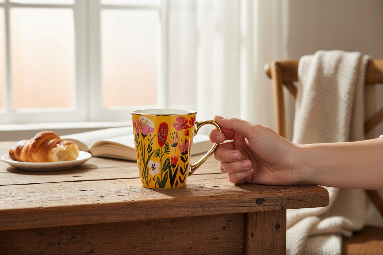Kubek porcelanowy 300 ml kolorowy kwiaty złote ucho na kawe herbatę prezent