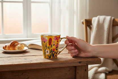 Kubek porcelanowy 300 ml kolorowy kwiaty złote ucho na kawe herbatę prezent