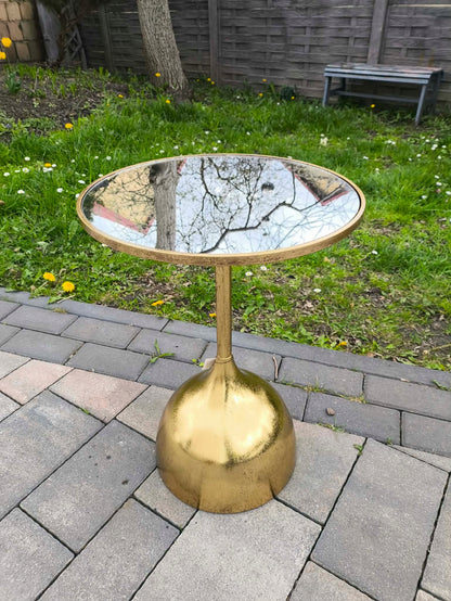 Złoty Okrągły Stolik Kawowy Boczny Pomocniczy Retro Loft Vintage Lustro