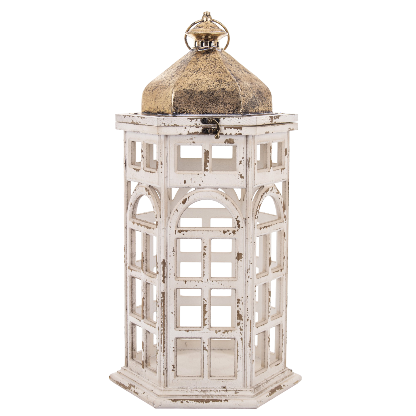 Lampion Drewniany Metalowy Latarnia Biały Złoty Retro Postarzany Dekoracja