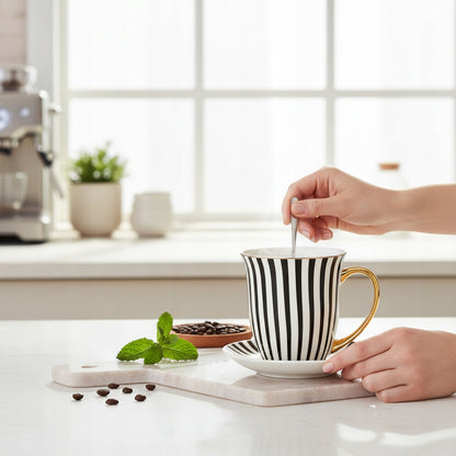 Kubek porcelana ozdobny w paski w pudełku na prezent duży 450 ml