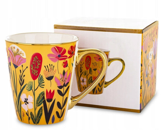 Kubek porcelanowy 300 ml kolorowy kwiaty złote ucho na kawe herbatę prezent