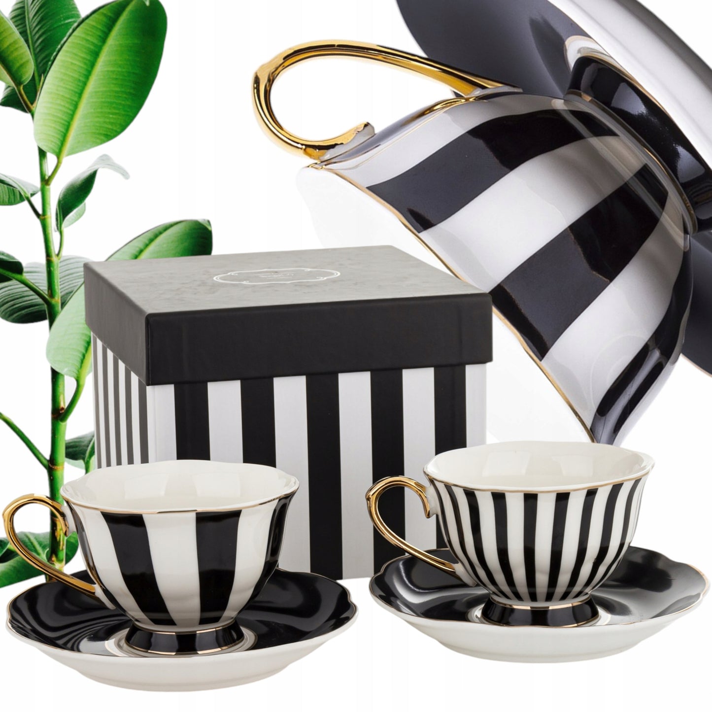 Komplet filiżanek porcelanowych 2szt. biało-czarne złote