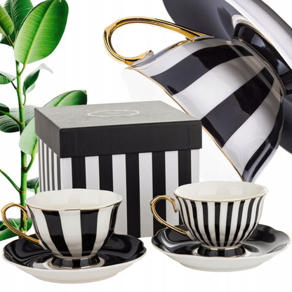 Komplet filiżanek porcelanowych 2szt. biało-czarne złote