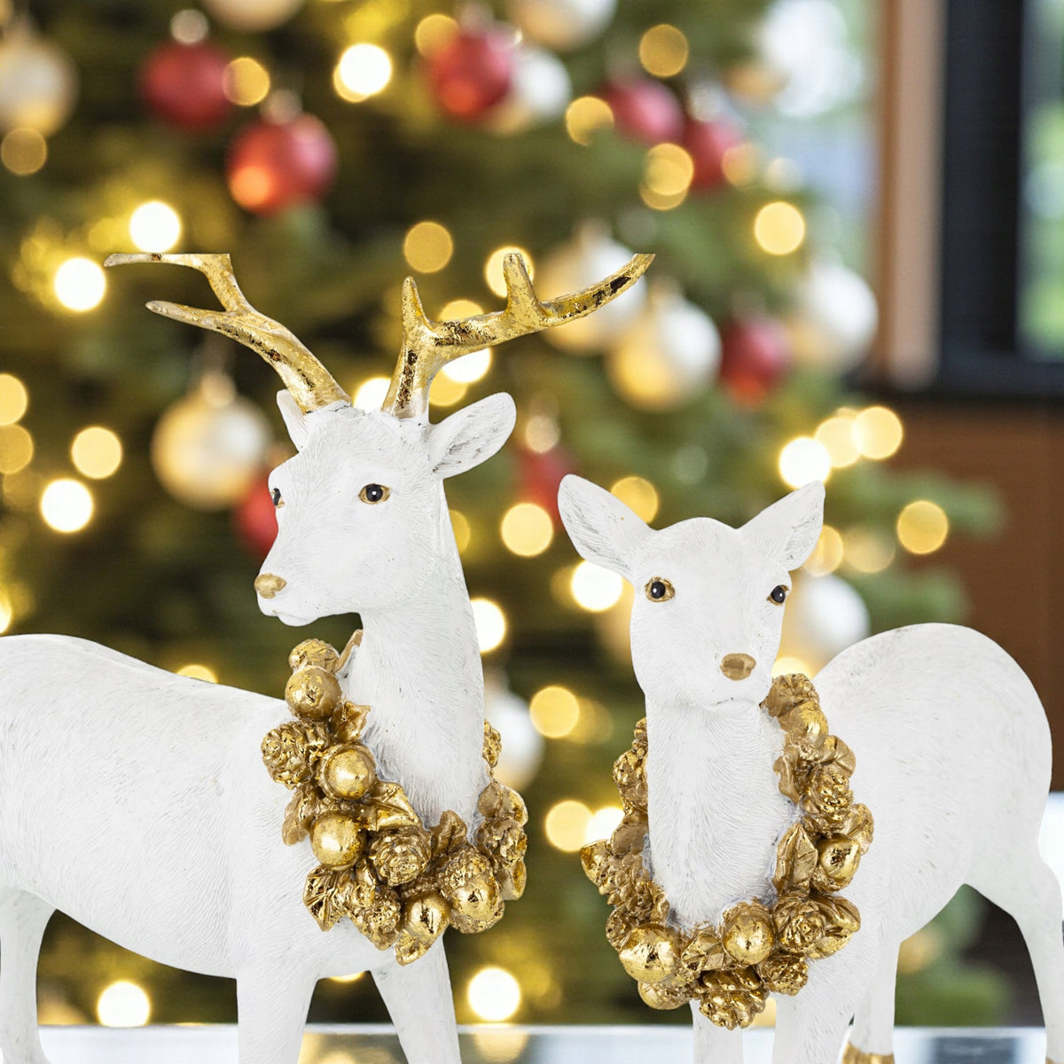 2szt figurka świąteczna jeleń i sarna renifer zestaw biała złota 22 i 17 cm