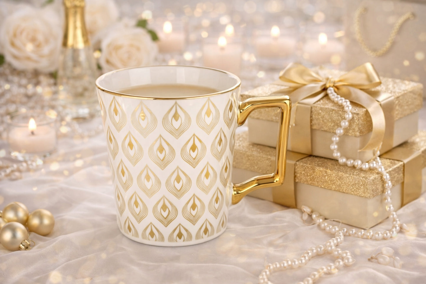 Porcelanowy Kubek elegancki złote ucho 310ml gustowny na prezent