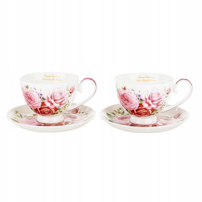 Elegancki komplet filiżanek w róże porcelana zestaw na prezent 2 szt 250ml