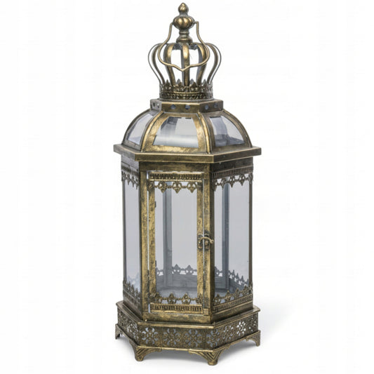 Lampion złoty metalowy postarzana latarnia w indyjskim stylu wysoka 64 cm