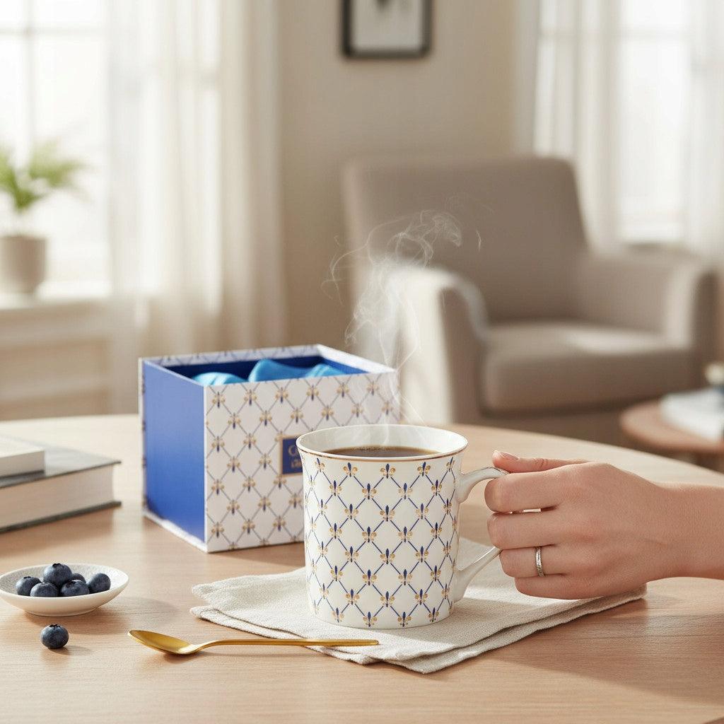 Kubek Porcelanowy w Ozdobnym Pudełku niebieski biały na prezent 380 ml