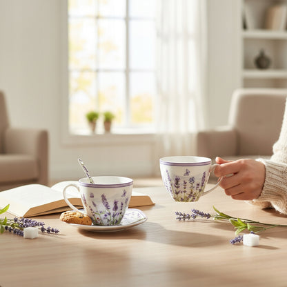 Zestaw 2 filiżanek z podstawkami i łyżeczkami porcelana lawenda prowansja