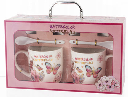 Kpl. kubków motyl łyżeczka podstawka 2+2+2 kubek ceramiczny 330ml prezent