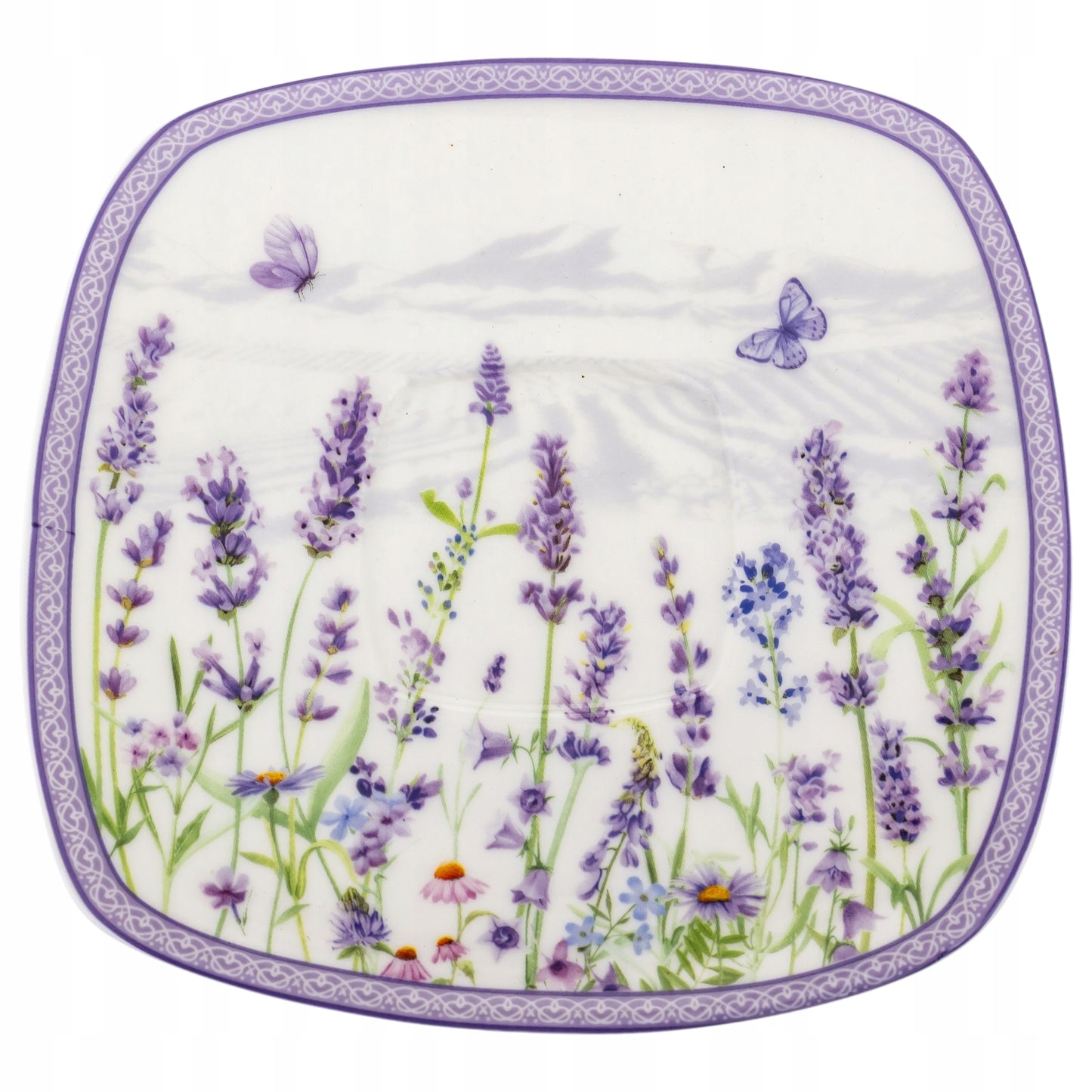 Zestaw 2 filiżanek z podstawkami i łyżeczkami porcelana lawenda prowansja