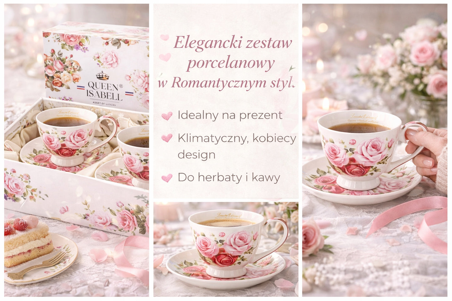 Elegancki komplet filiżanek w róże porcelana zestaw na prezent 2 szt 250ml