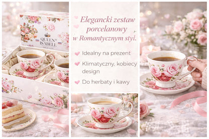 Elegancki komplet filiżanek w róże porcelana zestaw na prezent 2 szt 250ml