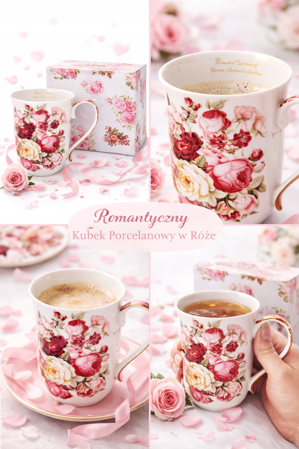 Kubek Porcelanowy w Róże 400 ml Kwiaty Romantyczny Prezent Dzien kobiet