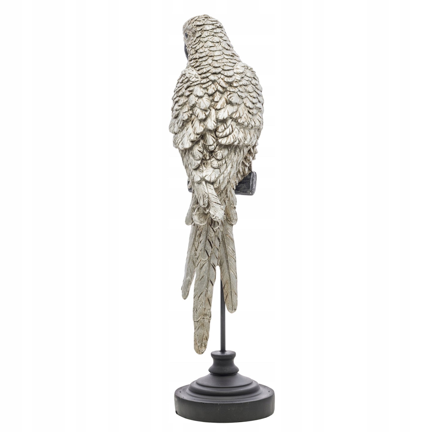 Figurka papuga na stojaku srebrny ptak wyjątkowa dekoracja 36cm