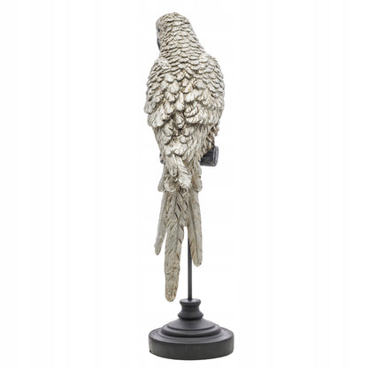 Figurka papuga na stojaku srebrny ptak wyjątkowa dekoracja 36cm