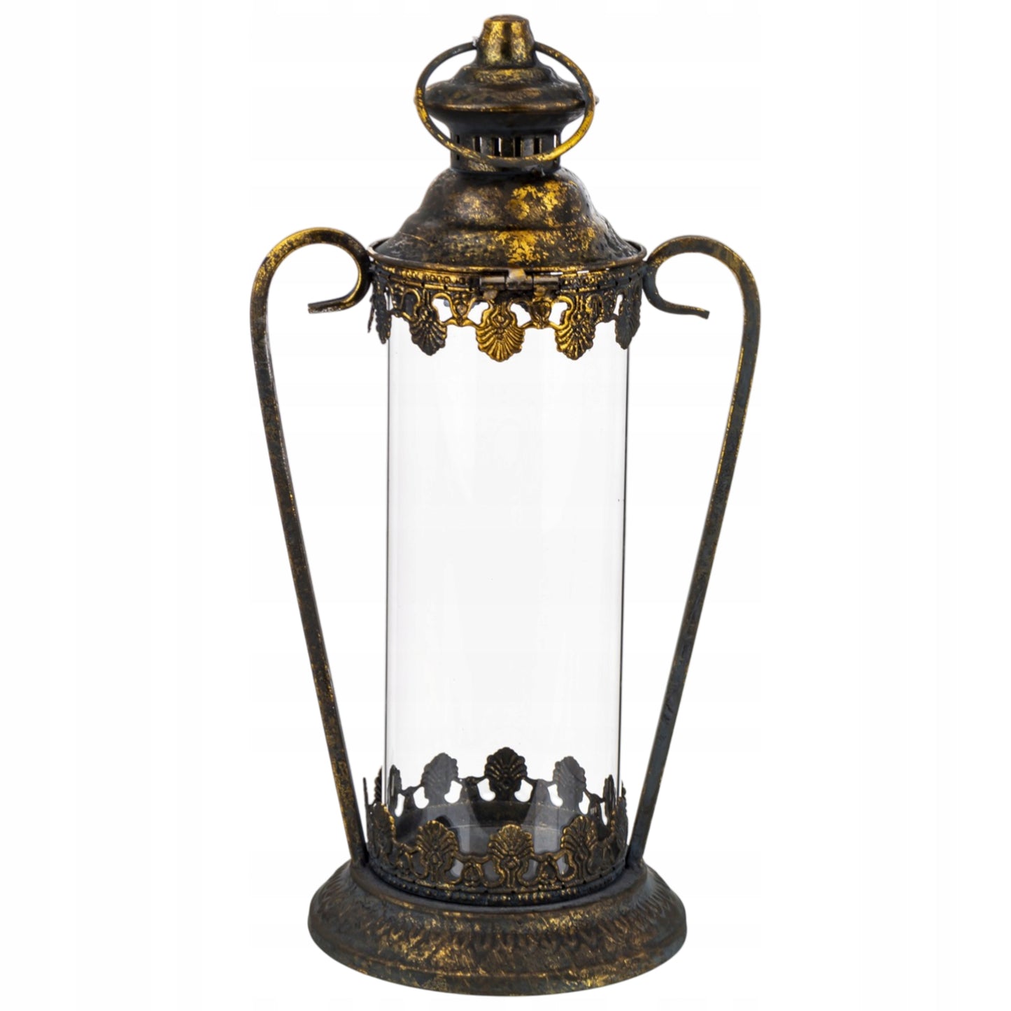 Lampion metalowy postarzane złoto dekoracja ogrodowa latarnia 43x21x16cm