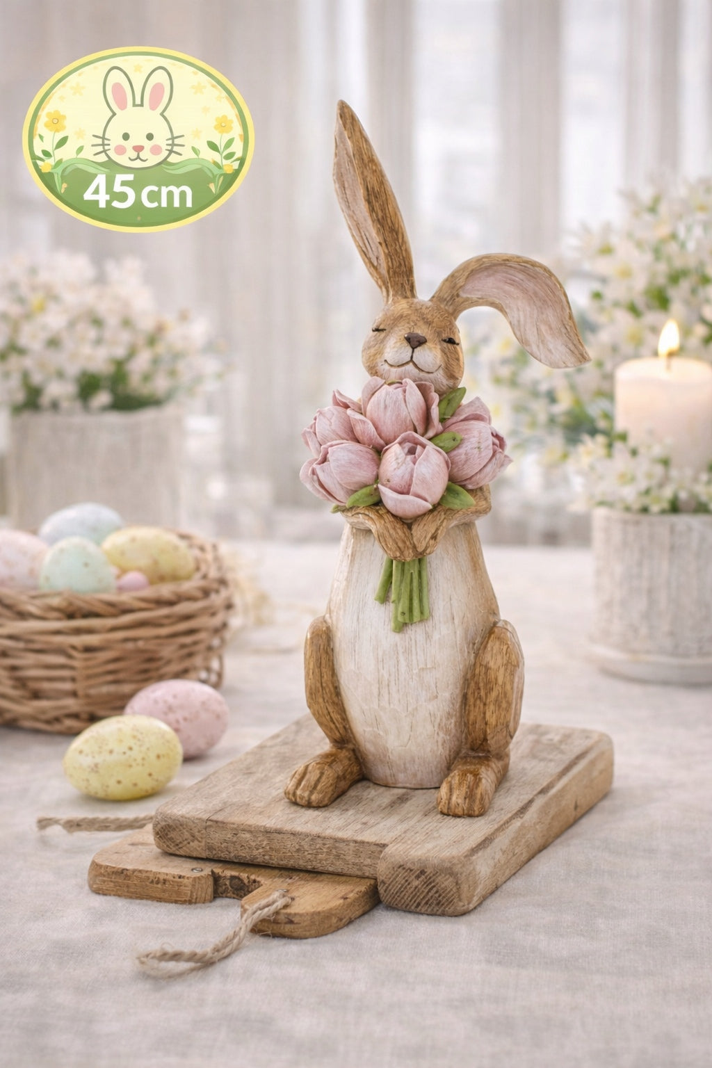 Figurka Królik Wielkanocny 45 cm Elegancka Dekoracja z Kwiatami XL wiosenna