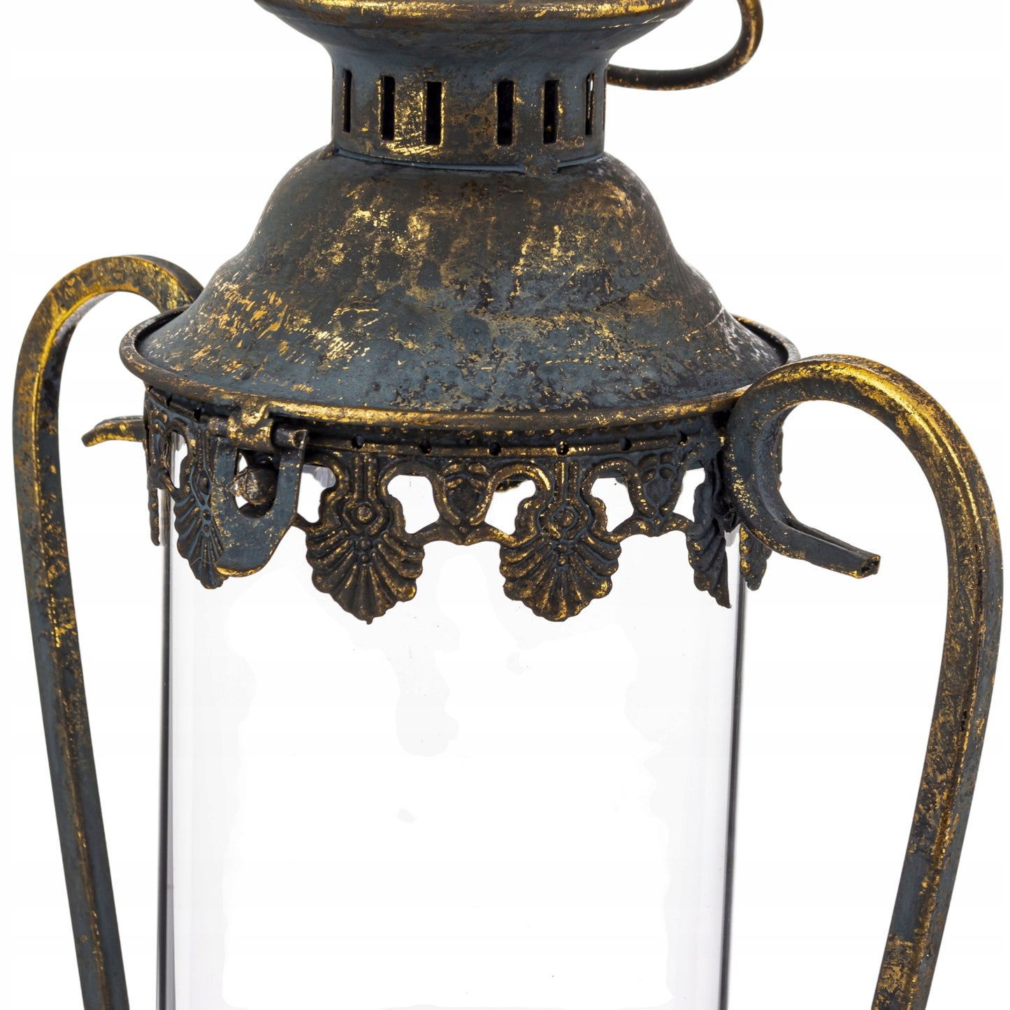 Lampion metalowy postarzane złoto dekoracja ogrodowa latarnia 43x21x16cm
