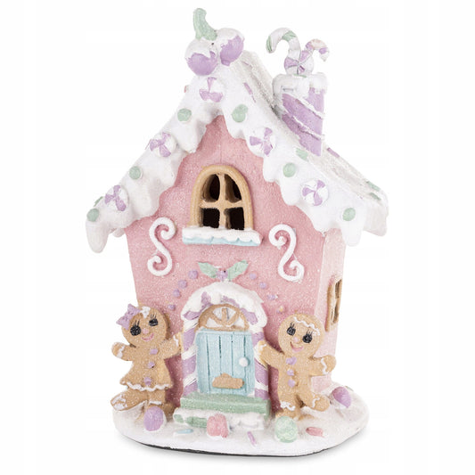 Figurka świąteczna Pastelowy domek LED różowy latarenka 19 cm