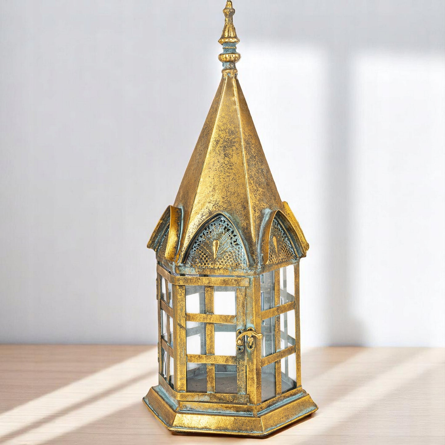 Lampion metalowy duży 50 cm złoty stylowy latarenka Świecznik
