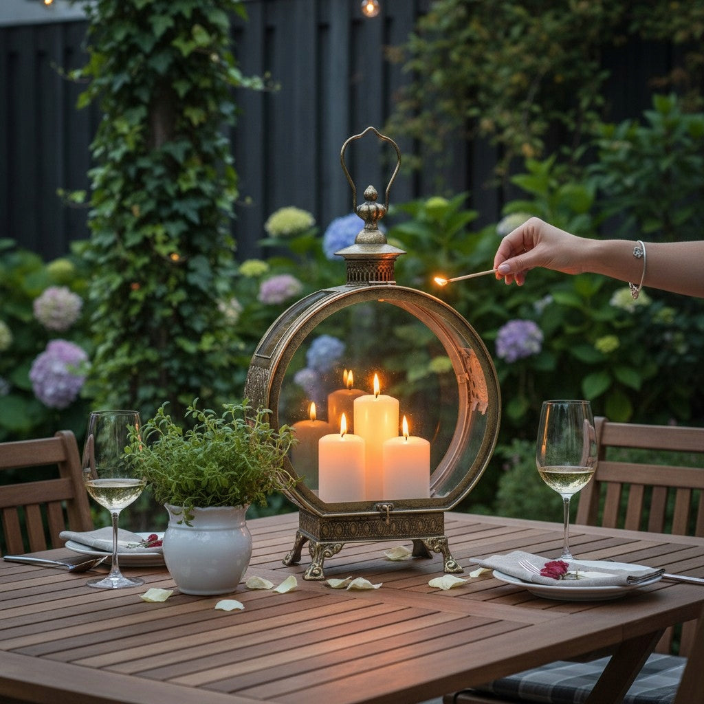 Lampion metalowy ze szkłem ciemne złoto latarenka na nóżkach retro glamour